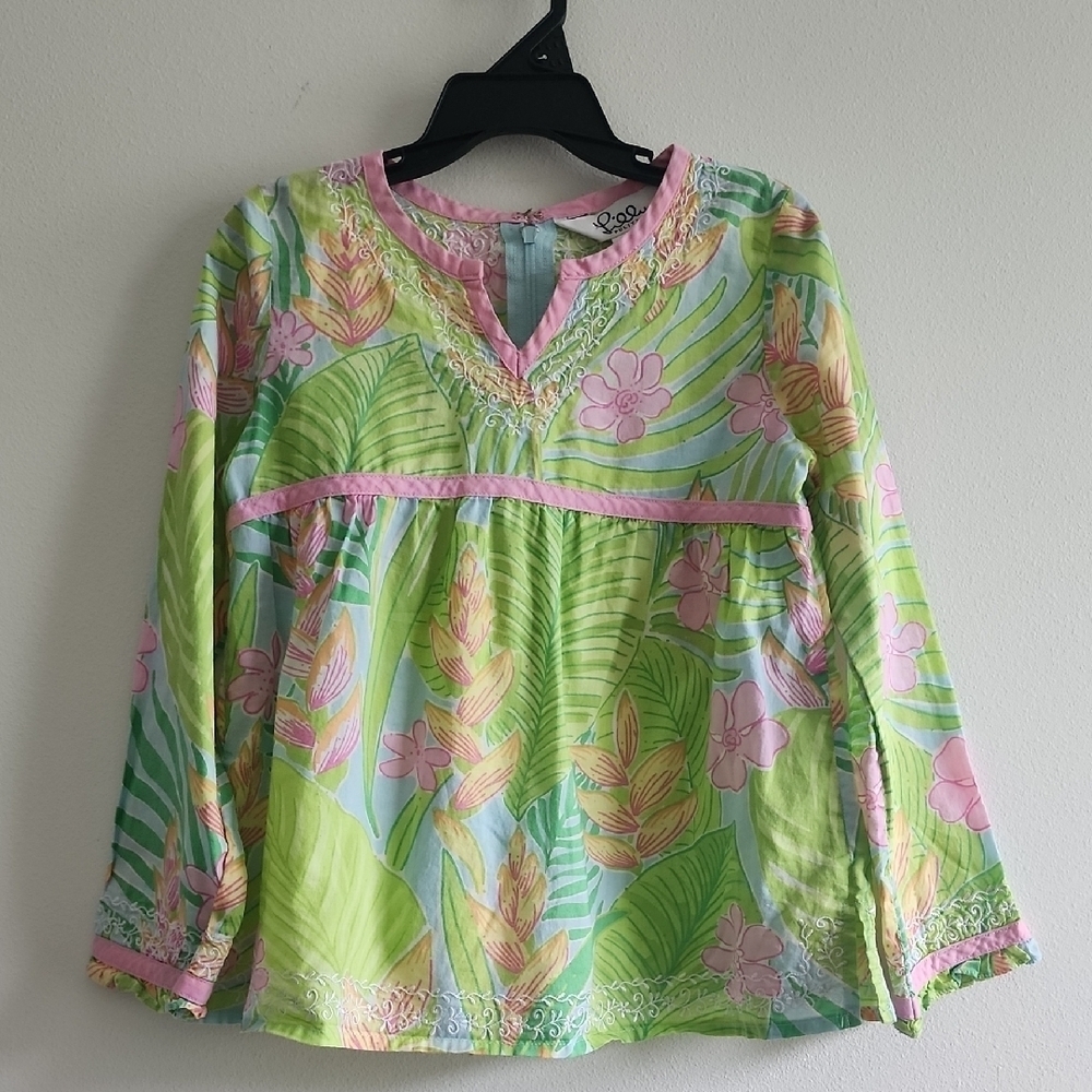 RARE Vintage Lilly Pulitzer Baby Girl Dress - Tropical Floral & Pink Trim Sz 6 M
